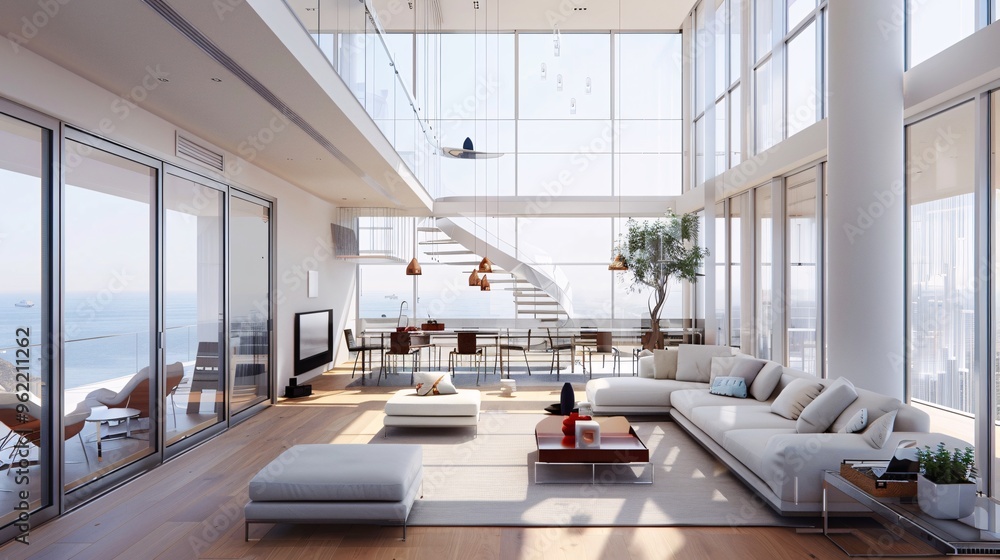 Obraz premium Modern Luxury Living Room with Panoramic Ocean Views