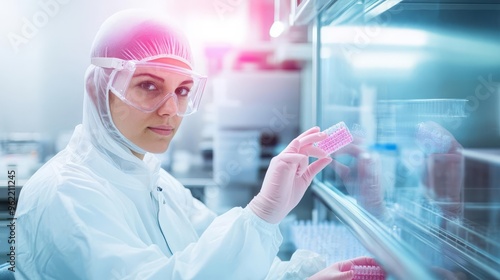 Researcher in a clean room manipulating bio-polymer samples, biomaterial engineering, laboratory innovation photo