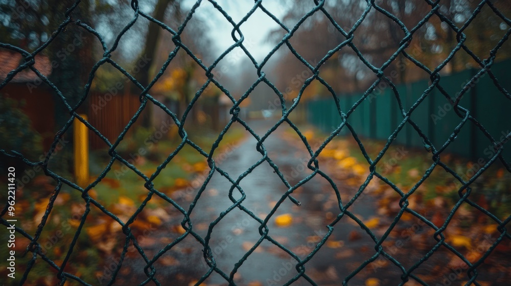 Chain Link Fence View of Wet Pathway Chain Link Fence View of Wet Pathway