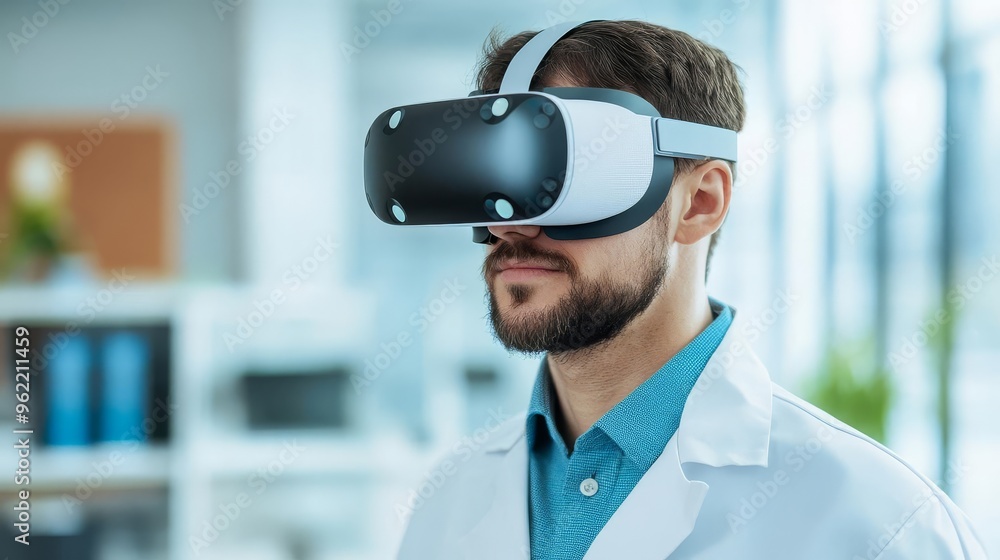 Scientist wearing virtual reality headset to simulate cell growth, biotechnology and VR, bioengineering tools Scientist wearing virtual reality headset to simulate cell growth, biotechnology and VR, bioengineering tools