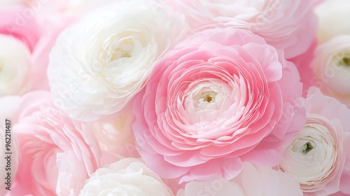 Delicate Pink and White Ranunculus Blossoms, vibrant petals unfurling, soft hues blending harmoniously, creating an inviting ambiance of floral elegance and serenity