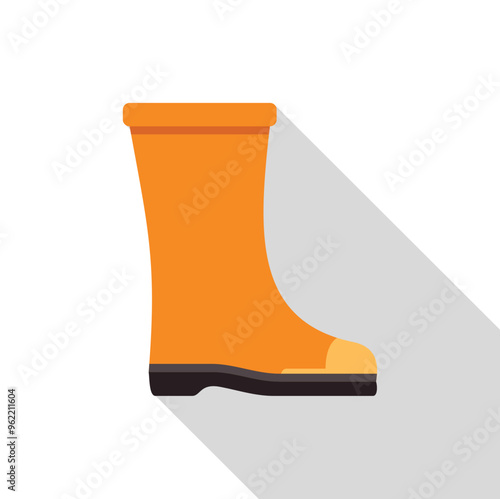 Orange rubber boot standing with long shadow on white background