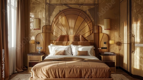 luxurious art deco bedroom bathed in soft golden light opulent textures and geometric patterns create a harmonious elegant atmosphere