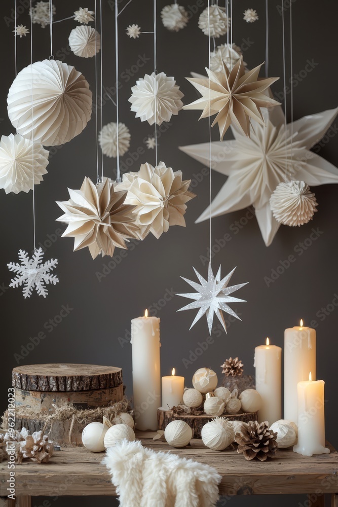 Obraz premium Beautifully arranged paper decorations and candles create a serene atmosphere, perfect for a winter celebration or holiday gathering.