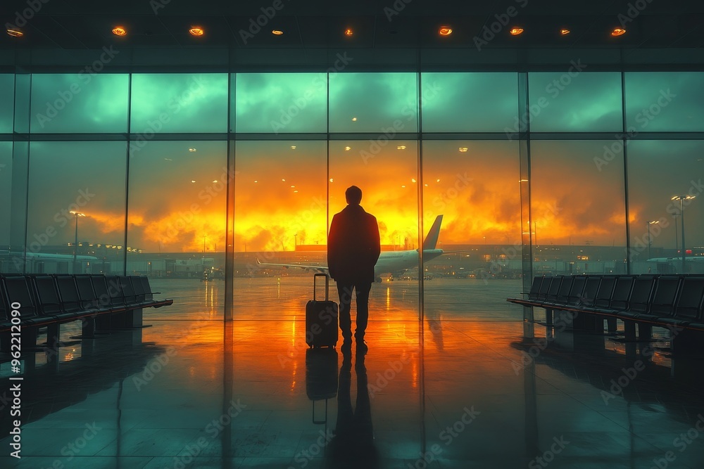 Traveler with luggage stands in an airport waiting area. Generative AI Traveler with luggage stands in an airport waiting area. Generative AI