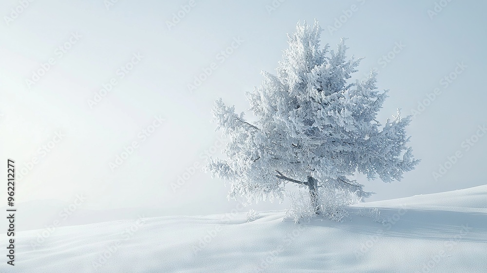 Fototapeta premium A snow-covered tree stands tall amidst a sea of white snow in a field, with snow blanketing the ground and a clear blue sky overhead