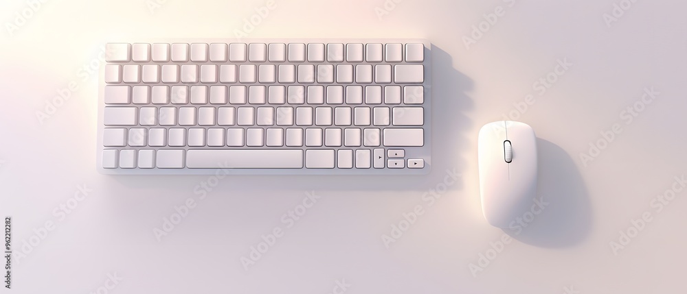 A top-down 3D view of a pristine white keyboard and mouse set on a clean, isolated desk. A top-down 3D view of a pristine white keyboard and mouse set on a clean, isolated desk.