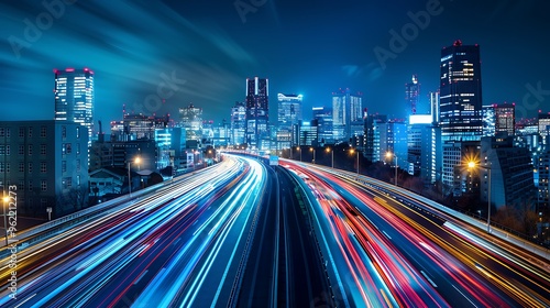 cityscape at night with illuminated road lights, megacity traffic, and long exposure effects