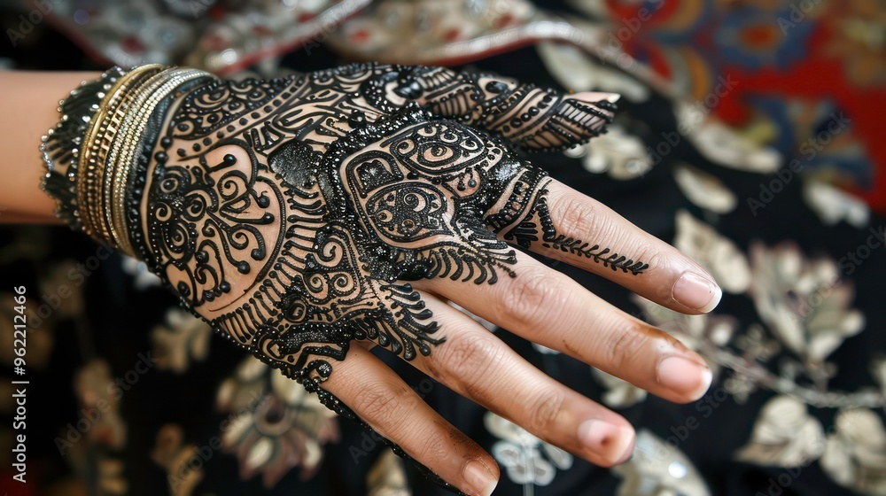 A close-up shot of a hand with intricate henna designs, showcasing the beauty of traditional art. A close-up shot of a hand with intricate henna designs, showcasing the beauty of traditional art.