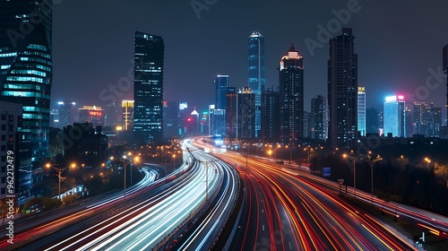 cityscape at night with illuminated road lights, megacity traffic, and long exposure effects