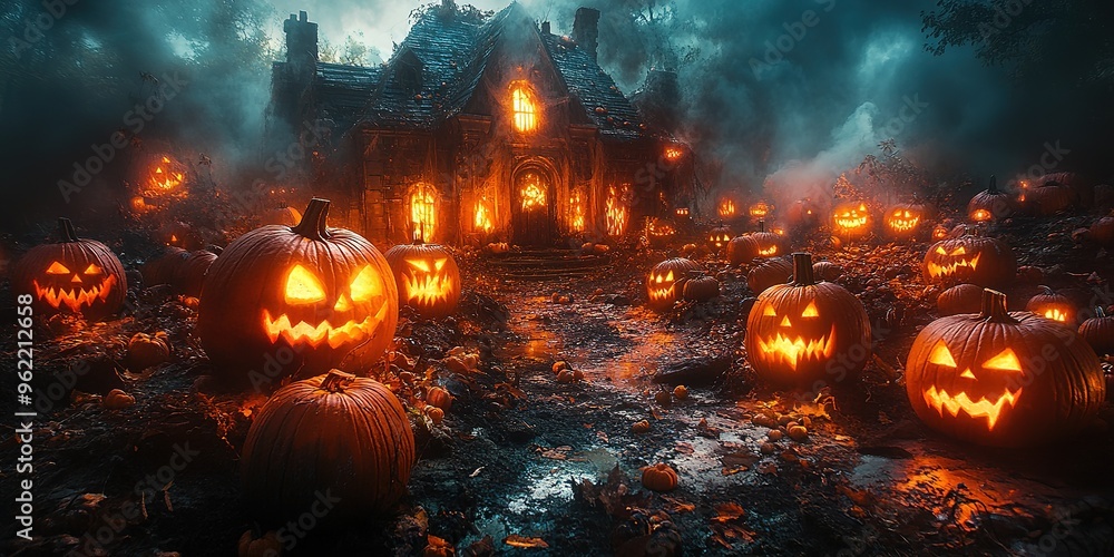 Walking Through a Dark Cave, Candles Set Up Inside and the Pumpkin Glows on Halloween Night. Traditional Halloween Symbol Walking Through a Dark Cave, Candles Set Up Inside and the Pumpkin Glows on Halloween Night. Traditional Halloween Symbol