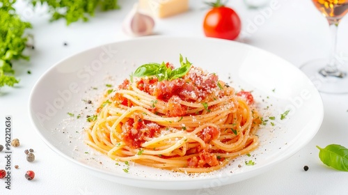 Spaghetti alla Amatriciana, featuring pancetta bacon, ripe tomatoes, and grated pecorino cheese, elegantly presented on a clean surface, inviting and flavorful appearance