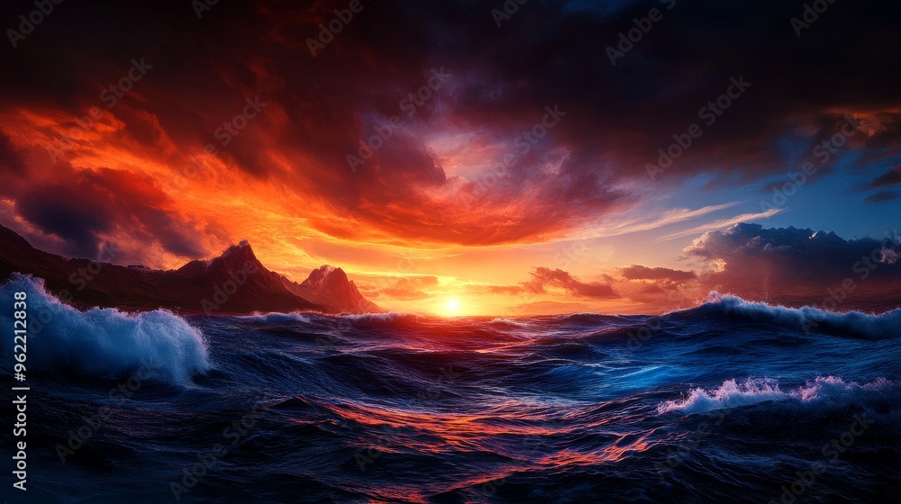 A breathtaking sunset over a vast, turbulent ocean, with mountains silhouetted against a fiery sky. The scene symbolizes the power of nature, the beauty of sunsets, the vastness of the ocean, the stre A breathtaking sunset over a vast, turbulent ocean, with mountains silhouetted against a fiery sky. The scene symbolizes the power of nature, the beauty of sunsets, the vastness of the ocean, the stre