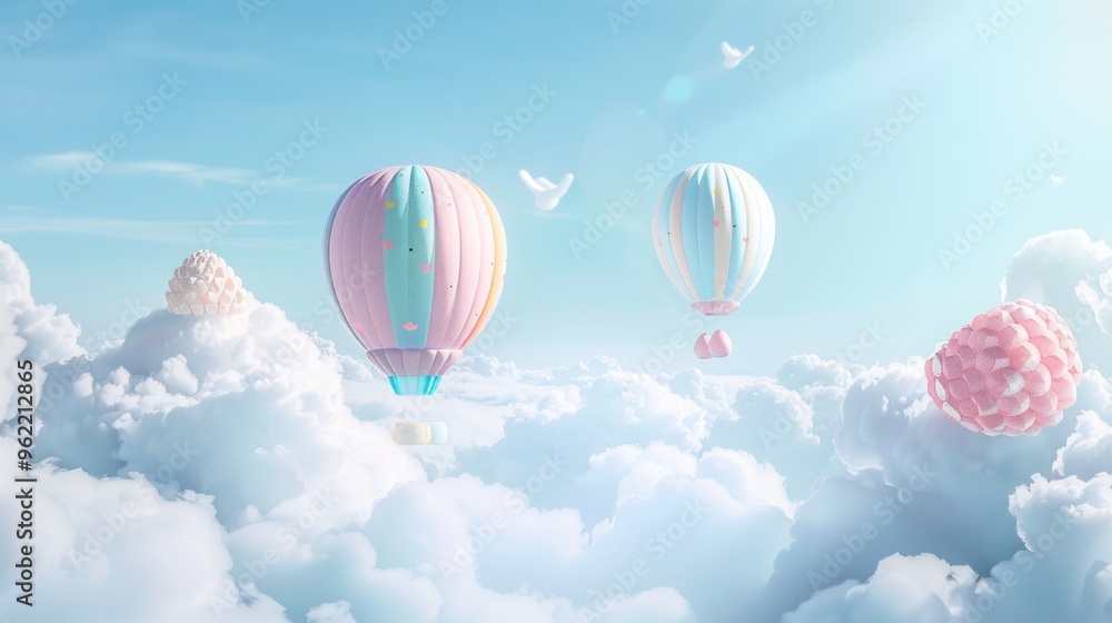 A colorful hot air balloon is flying through a cloudy sky A colorful hot air balloon is flying through a cloudy sky