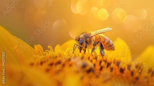 macro shot of honeybee on vibrant yellow sunflower intricate wing detail golden pollen dust soft bokeh background