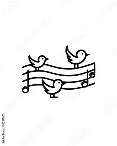 Three stylized birds are perched on a musical staff composed of musical notes.