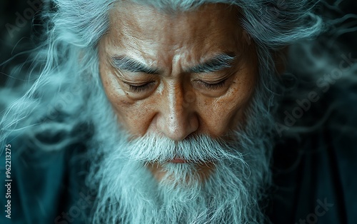 Close-up portrait of a senior Asian man with a long white beard and hair, looking down with a thoughtful expression.