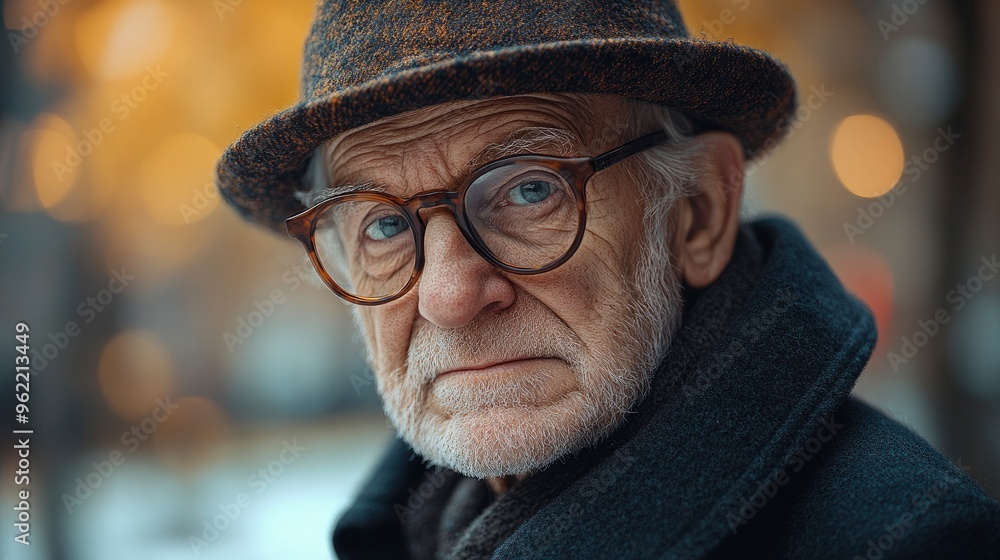 Senior man in a hat and glasses looking at the camera Senior man in a hat and glasses looking at the camera