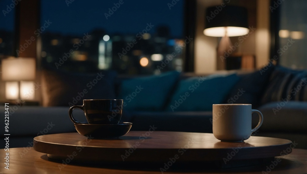Nighttime view of an empty coffee table with a blurred background, with space for text or design. Nighttime view of an empty coffee table with a blurred background, with space for text or design.