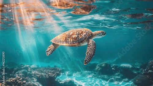 majestic sea turtle gliding through crystalclear tropical waters sunlight filtering through creating dappled patterns on its shell colorful coral reef in the background