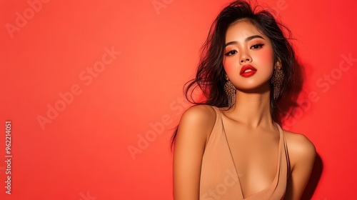Wallpaper Mural A captivating portrait of a beautiful Asian woman with long black hair wearing a beige dress against a vibrant red background. Her captivating eyes, alluring smile, and delicate features exude eleganc Torontodigital.ca