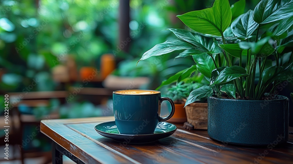 Coffee Cup on Wooden Table with Green Plants in a Cafe Coffee Cup on Wooden Table with Green Plants in a Cafe