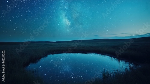  A serene pond encircled by verdant foliage, bathed in the celestial glow of a star-studded sky