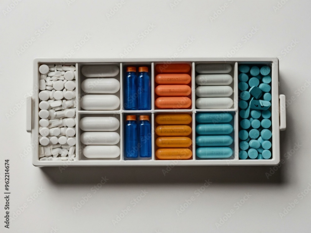 Overhead view of a pill organizer, pill bottles, and scattered tablets on a white surface. Overhead view of a pill organizer, pill bottles, and scattered tablets on a white surface.
