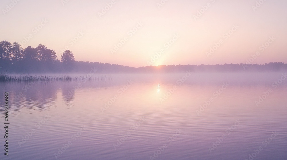   A tranquil water scene with lush trees in the background and a setting sun in the center, enveloped by misty fog