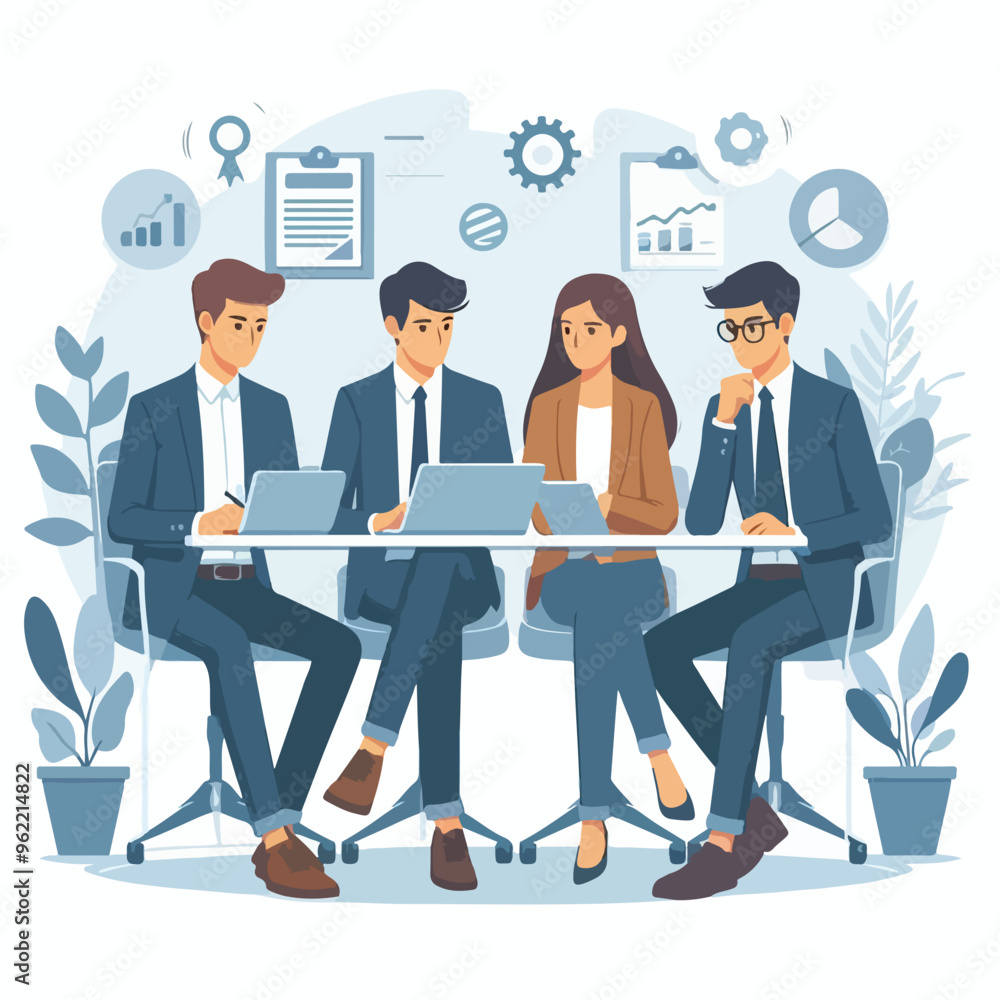 Partners meeting for business discussion with documents and laptop on desk. Couple at round table, speaking, discussing work, partnership. Flat vector illustration isolated on white background Partners meeting for business discussion with documents and laptop on desk. Couple at round table, speaking, discussing work, partnership. Flat vector illustration isolated on white background