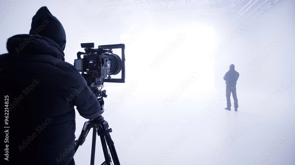 Fototapeta premium Behind the Scenes at a Dynamic Film Studio, showcasing silhouette figures engaged in creative collaboration amidst a vibrant production set with professional lighting.