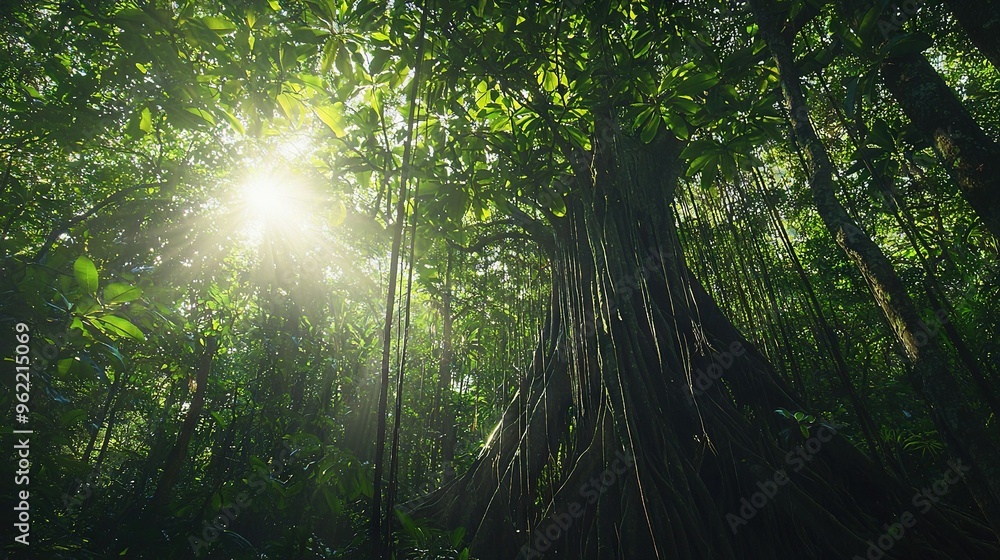Obraz premium The sun illuminates the forest, casting light through its lush foliage of tall trees