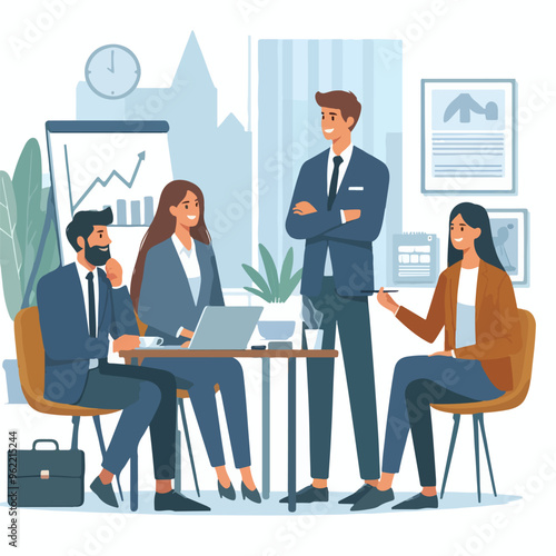 Partners meeting for business discussion with documents and laptop on desk. Couple at round table, speaking, discussing work, partnership. Flat vector illustration isolated on white background