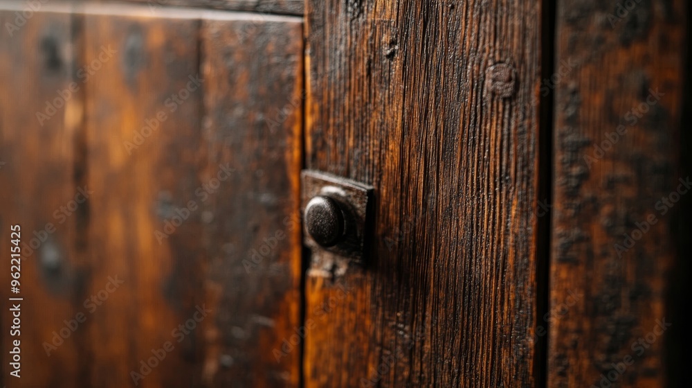 A close-up of a rustic wooden cabinet door with a metal handle. The wood is dark brown and has a rough, weathered texture, suggesting age and craftsmanship. The metal handle is simple and functional, A close-up of a rustic wooden cabinet door with a metal handle. The wood is dark brown and has a rough, weathered texture, suggesting age and craftsmanship. The metal handle is simple and functional,