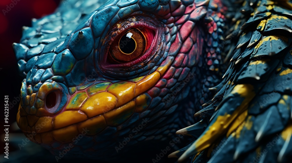 Obraz premium A detailed photograph highlighting the vibrant colors and textures on a reptile's skin, presented in stunning