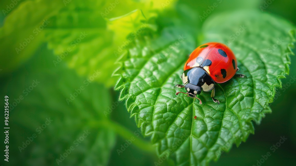A ladybug sits on a green leaf, its red shell and black spots visible against the vibrant foliage. A ladybug sits on a green leaf, its red shell and black spots visible against the vibrant foliage.