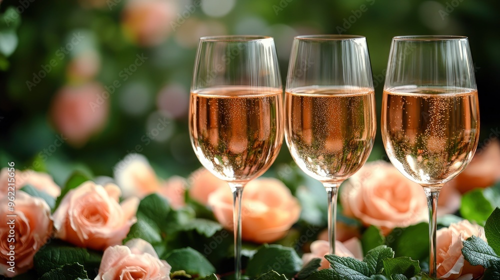 Three Glasses of Rose Wine on a Bed of Roses Three Glasses of Rose Wine on a Bed of Roses