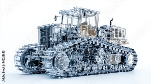 A detailed and realistic of a semi transparent modern bulldozer, showcasing its exterior and visible photo