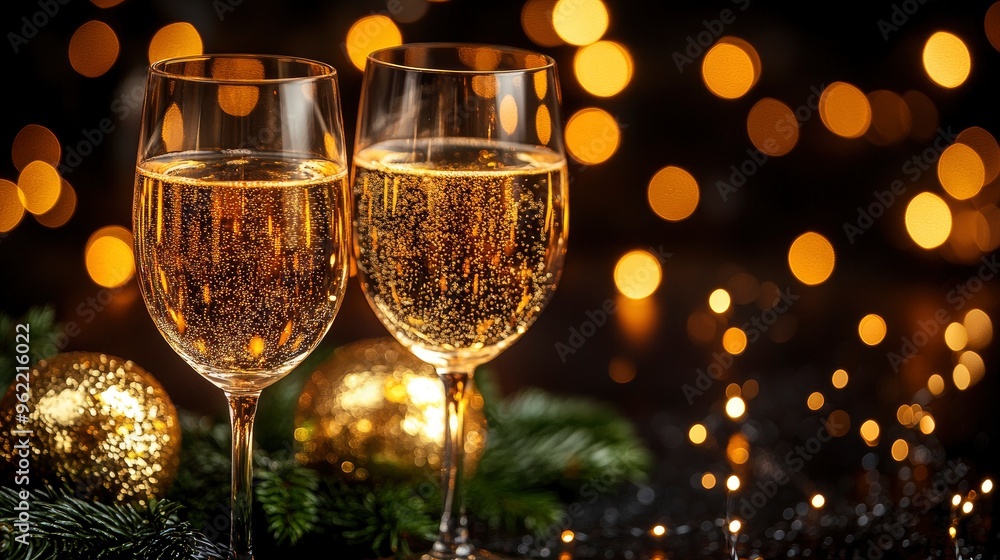 Two Glasses of Sparkling Wine with Festive Lights and Decorations Two Glasses of Sparkling Wine with Festive Lights and Decorations