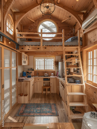wide shot in a tiny house interior with Japenese architecture style with kitchen, a loft with stairs, railings and a bed