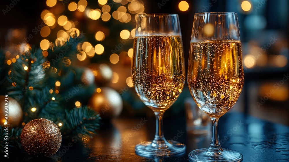 Champagne Toast with Festive Lights and Ornaments Champagne Toast with Festive Lights and Ornaments