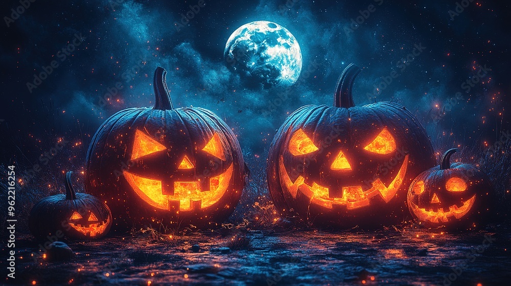 Fototapeta premium Halloween theme with pumpkins and dark forest. Scary Halloween design on table. Jack-o-lantern on the dark forest