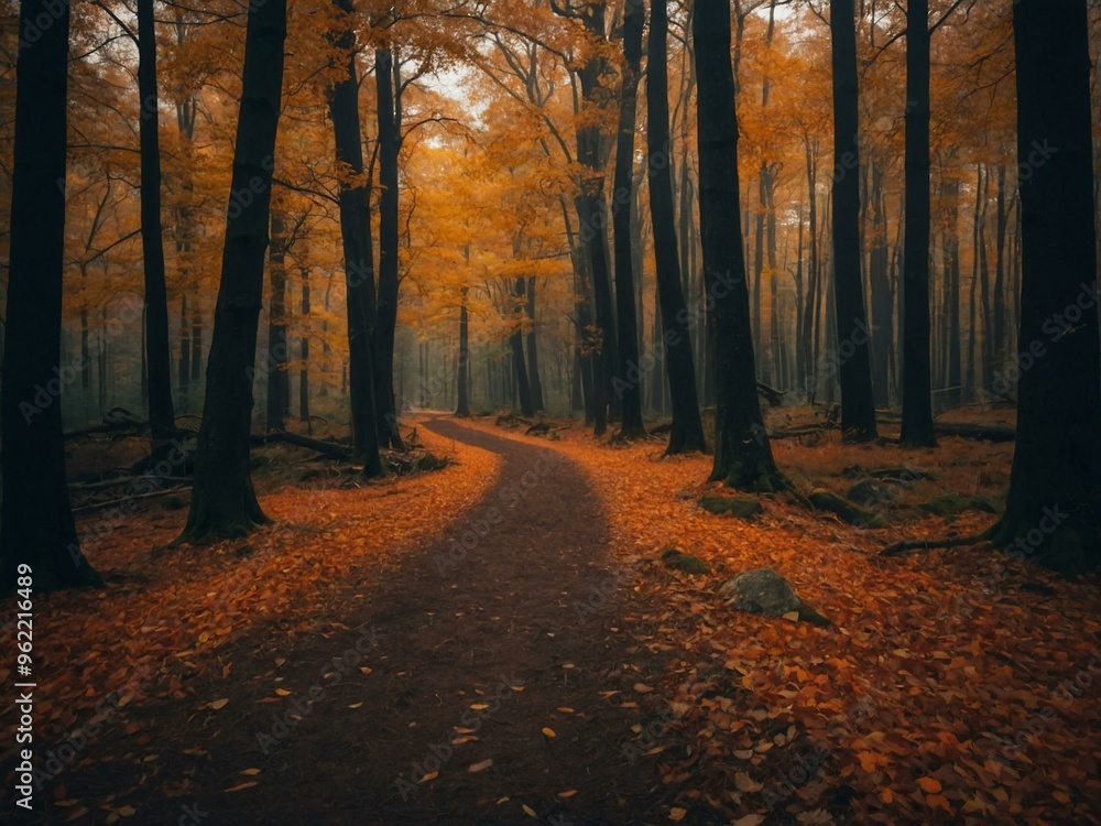 Path through an autumnal forest. Path through an autumnal forest.