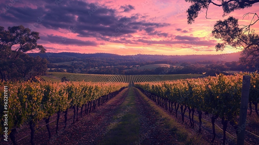 Naklejka premium The sun sets over a vineyard in the foreground as trees and flowers surround it, while hills are visible in the background