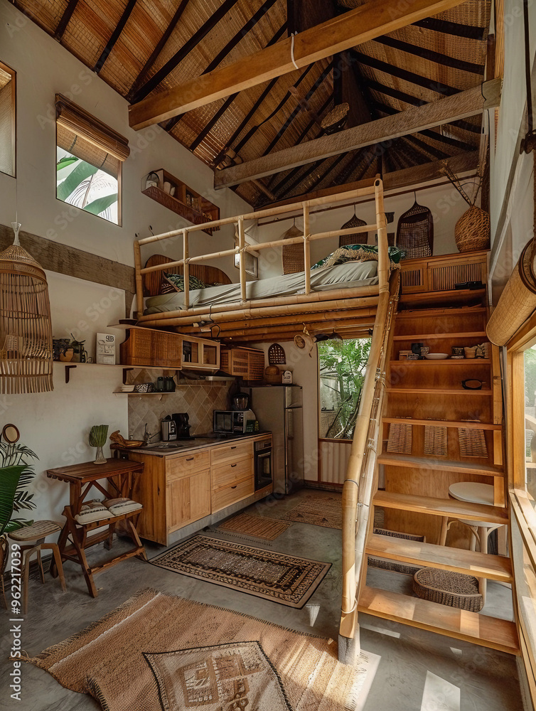 wide shot in a tiny house interior with Indonesian architecture style with kitchen, a loft with stairs, railings and a bed, real photo wide shot in a tiny house interior with Indonesian architecture style with kitchen, a loft with stairs, railings and a bed, real photo