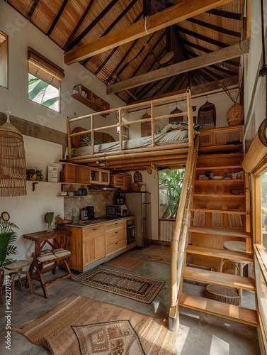 wide shot in a tiny house interior with Indonesian architecture style with kitchen, a loft with stairs, railings and a bed, real photo