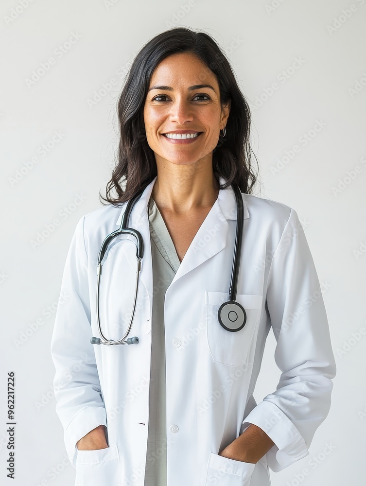 A confident female doctor with a warm smile, wearing a crisp white lab coat, stands confidently with her hands in her pockets. Her stethoscope is neatly positioned around her neck, symbolizing her ded A confident female doctor with a warm smile, wearing a crisp white lab coat, stands confidently with her hands in her pockets. Her stethoscope is neatly positioned around her neck, symbolizing her ded