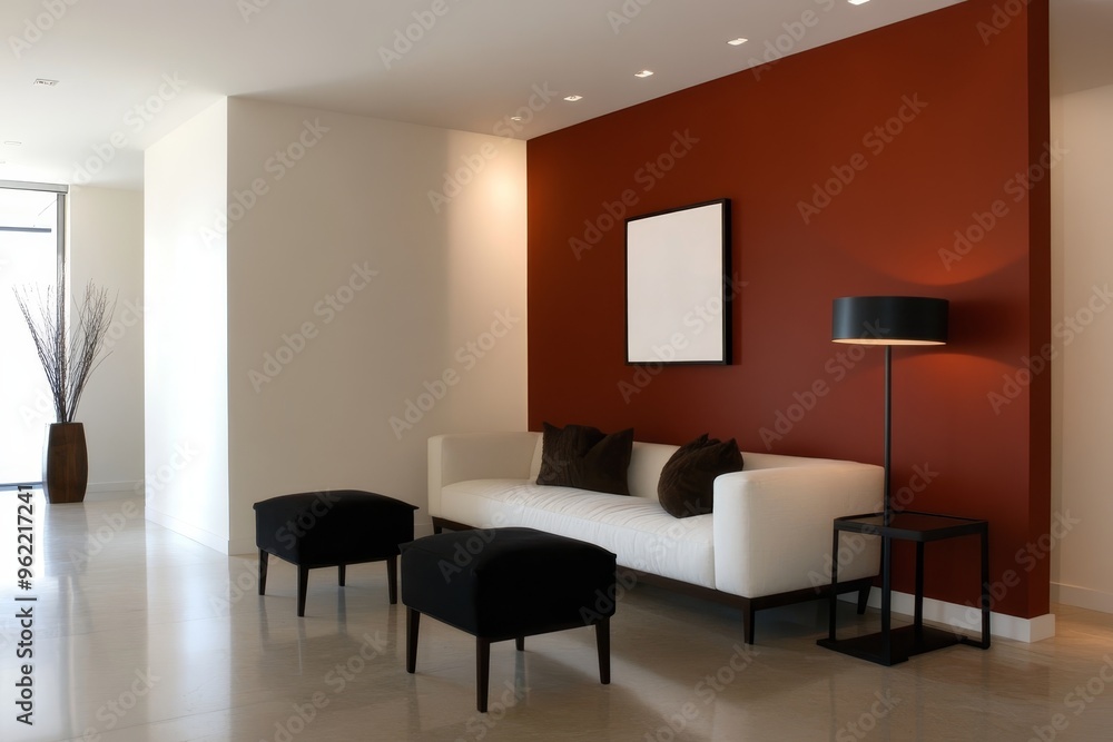 Fototapeta premium A contemporary living room featuring a white sofa with black pillows, two black ottomans, and a floor lamp against a bold red accent wall. The space is bright and airy with a minimalist aesthetic.