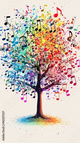 A striking tree adorned with vibrant musical notes and symbols, illustrating the symbiotic relationship between music and nature with an artistic touch in an abstract modern style.