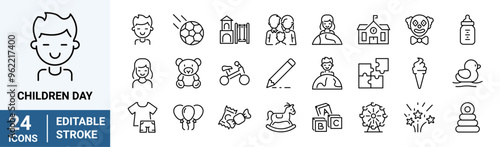International children day web line icons. child care, kid rights, parenthood. Outline icon collection. Editable stroke. Vector illustration